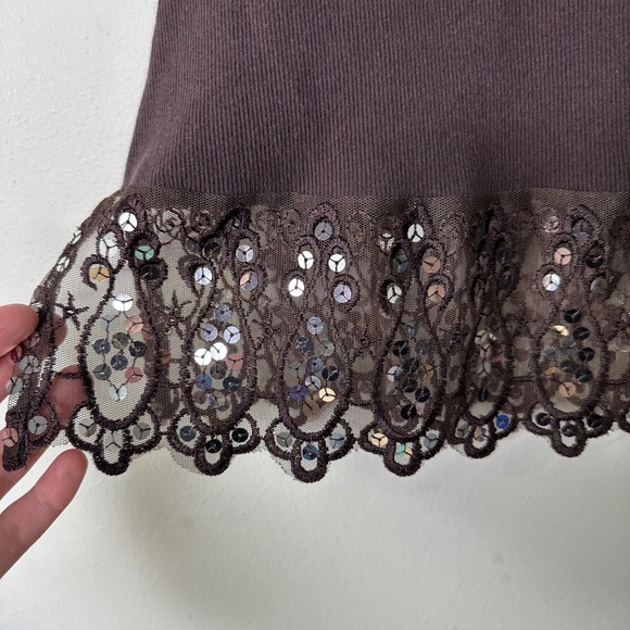 L8er Clothing Layer Tank Top Women Medium Brown Ribbed Lace Sequin Brown Y2K - Picture 3 of 4